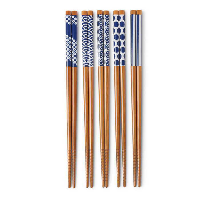 Miya Set of 5 Bamboo Chopsticks in Waka Blue & White