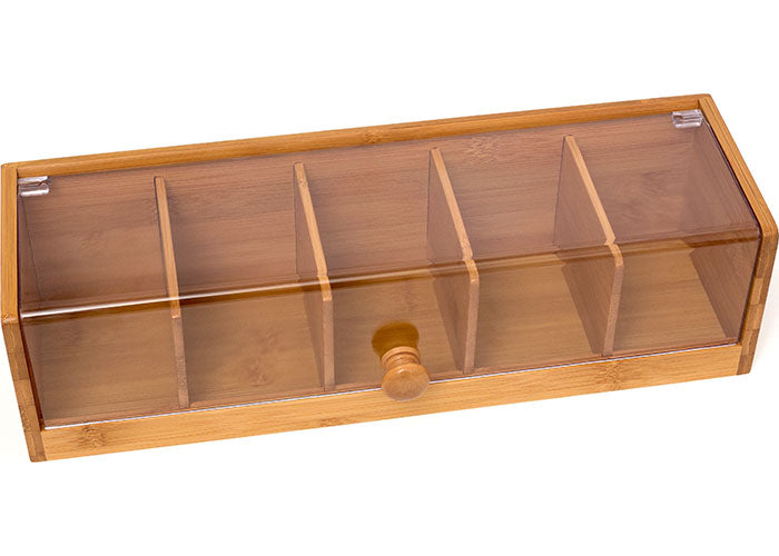 Wood Tea Bag 5-Compartment Organizer Box with Clear Lid, Tea Storage Box