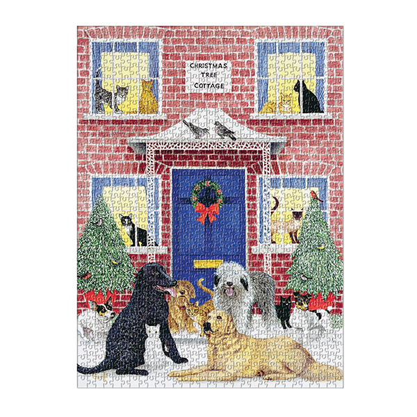 Christmas Cottage Dog Cat 1000 Piece Puzzle