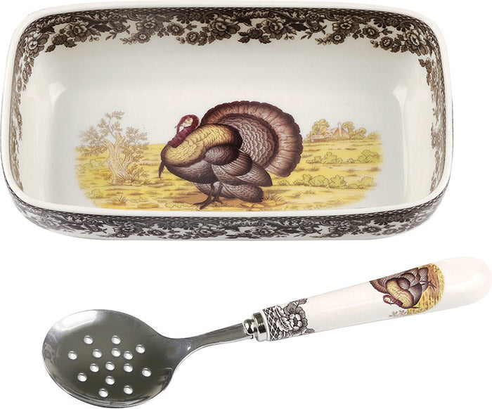 Spode Woodland Cranberry Dish with Slotted Spoon (Turkey)